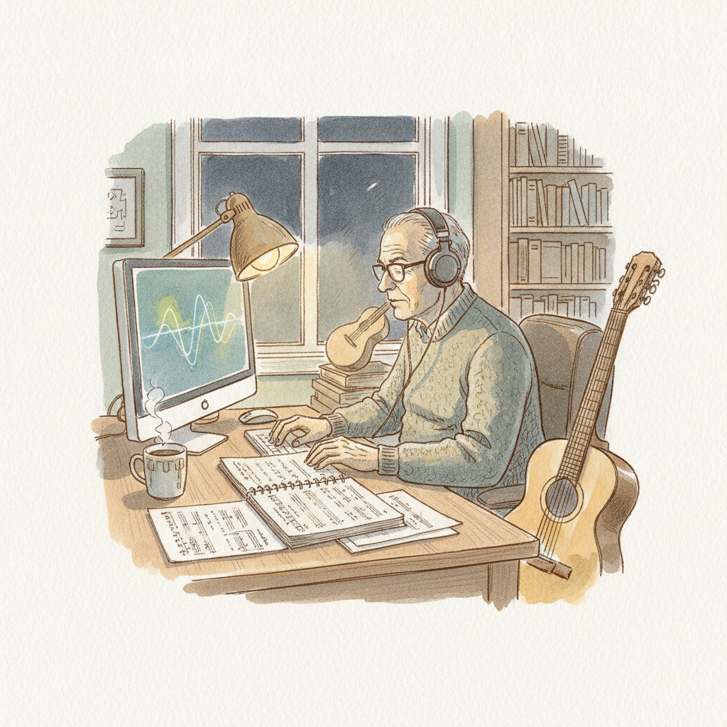 Illustration of a musician working at a desk at night, guitar leaning nearby, notebooks open